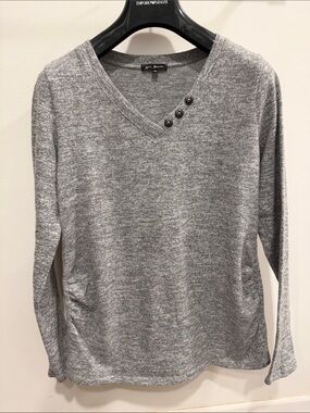Gray V-Neck Long Sleeve Top with Button Detail by Love Maven